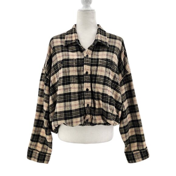 R13 Womens Small Top Gathered Hem Workshirt Flannel Beige Black Plaid - Picture 1 of 12